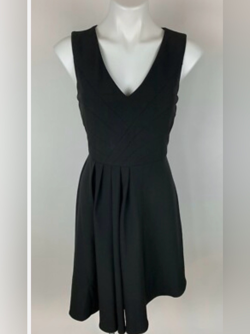 WHBM Seamed Fit Flare Asymmetric Hem V-neck Black Dress (2)